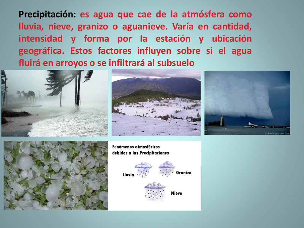 Precipitación: es agua que cae de la atmósfera como lluvia, nieve, granizo o aguanieve.
