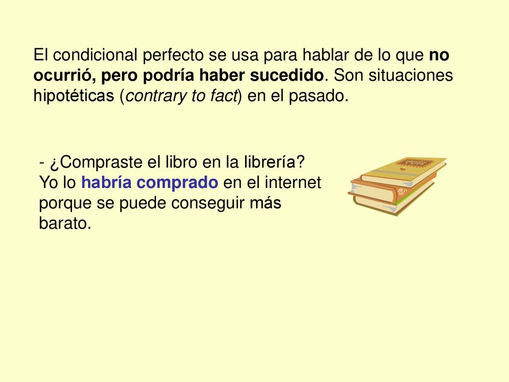 El condicional perfecto se usa para hablar de lo que no ocurrió, pero podría haber sucedido. Son situaciones hipotéticas (contrary to fact) en el pasado.