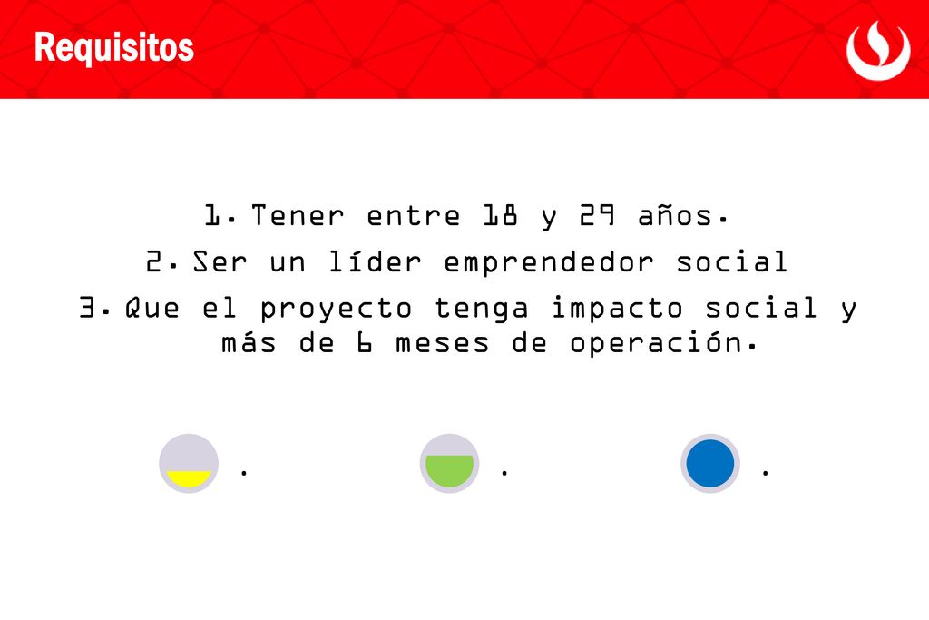 Requisitos . Tener entre 18 y 29 años. Ser un líder emprendedor social