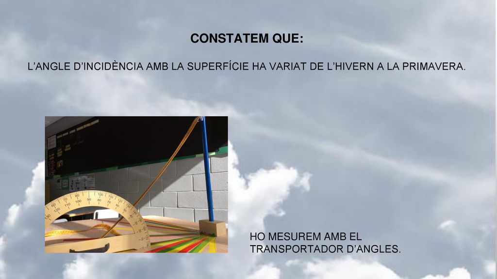 CONSTATEM QUE: L’ANGLE D’INCIDÈNCIA AMB LA SUPERFÍCIE HA VARIAT DE L’HIVERN A LA PRIMAVERA.