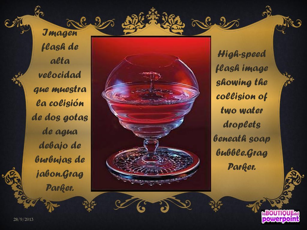 Imagen flash de alta velocidad que muestra la colisión de dos gotas de agua debajo de burbujas de jabon.Grag Parker.