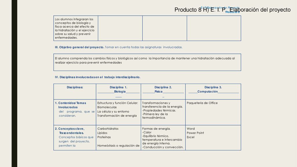 Producto 8 H) E. I. P. Elaboración del proyecto