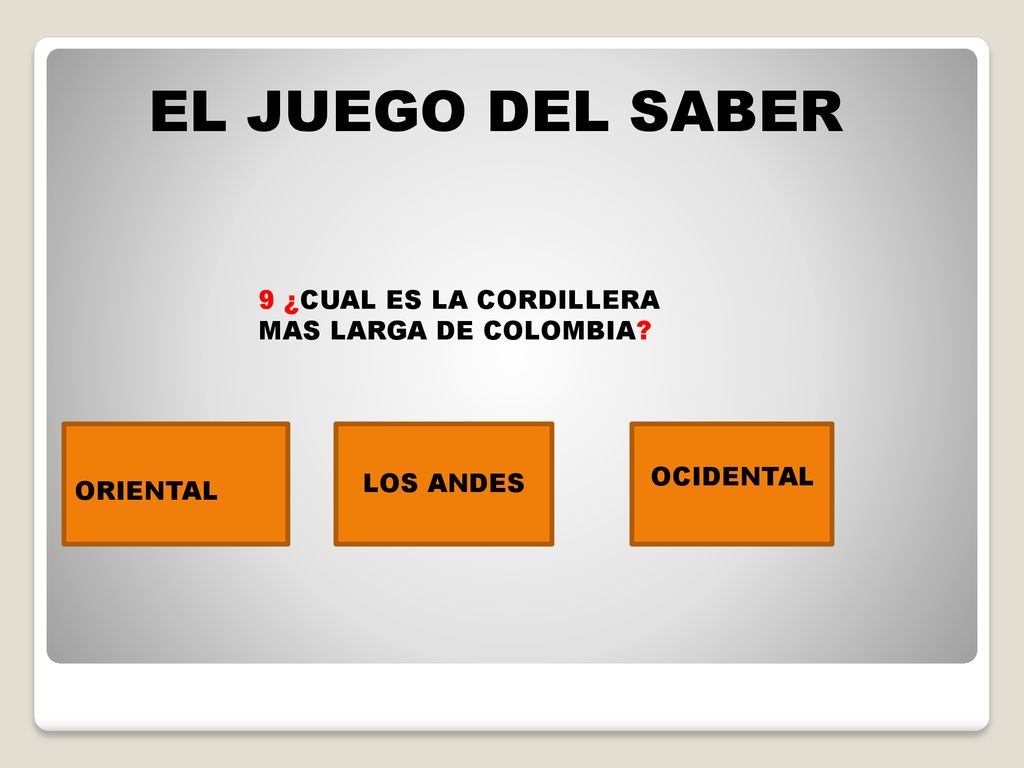 EL JUEGO DEL SABER 9 ¿CUAL ES LA CORDILLERA MAS LARGA DE COLOMBIA