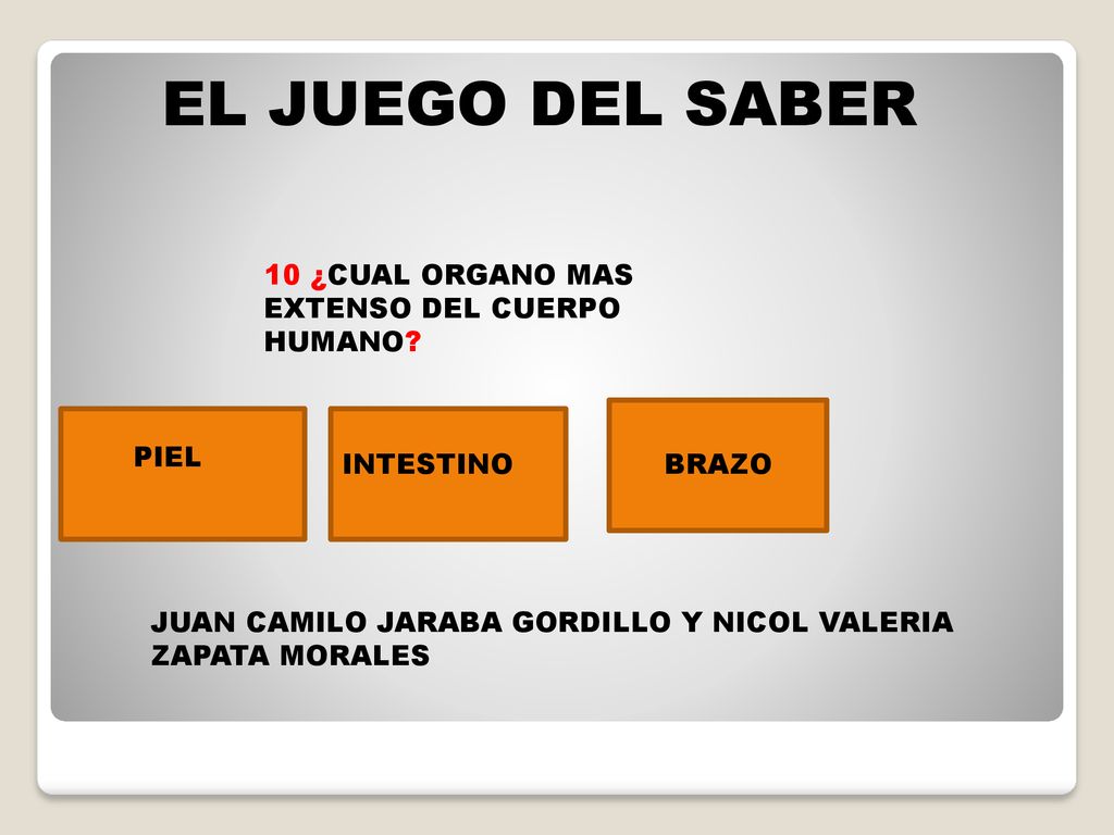 EL JUEGO DEL SABER 10 ¿CUAL ORGANO MAS EXTENSO DEL CUERPO HUMANO PIEL
