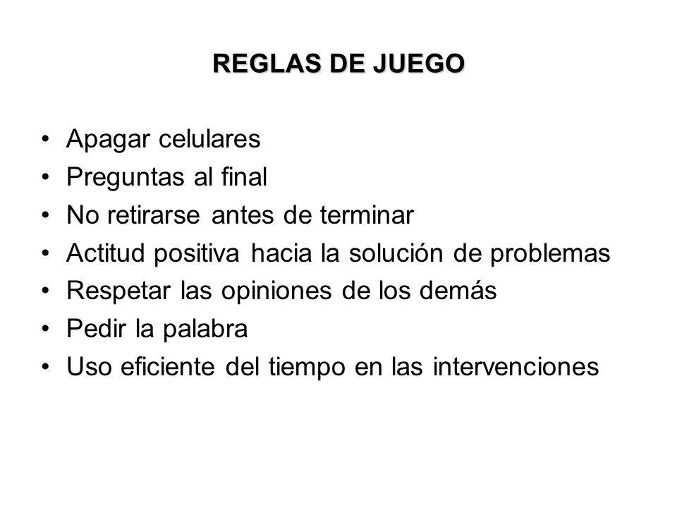 REGLAS DE JUEGO Apagar celulares. Preguntas al final. No retirarse antes de terminar. Actitud positiva hacia la solución de problemas.