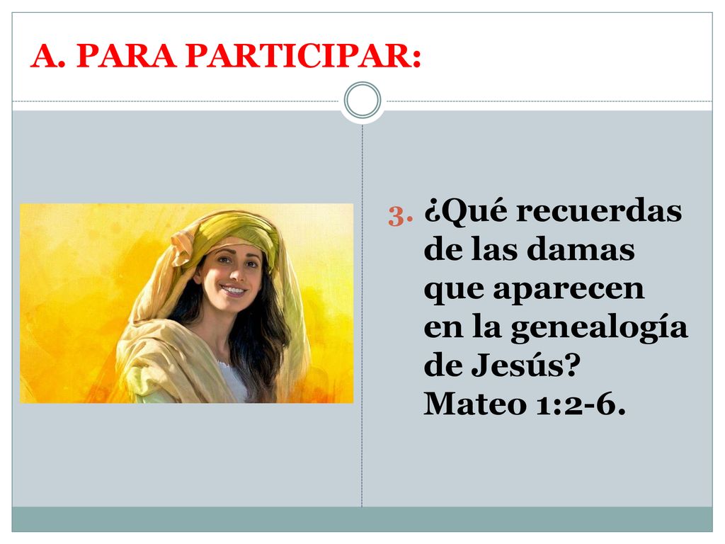 A. PARA PARTICIPAR: ¿Qué recuerdas de las damas que aparecen en la genealogía de Jesús.