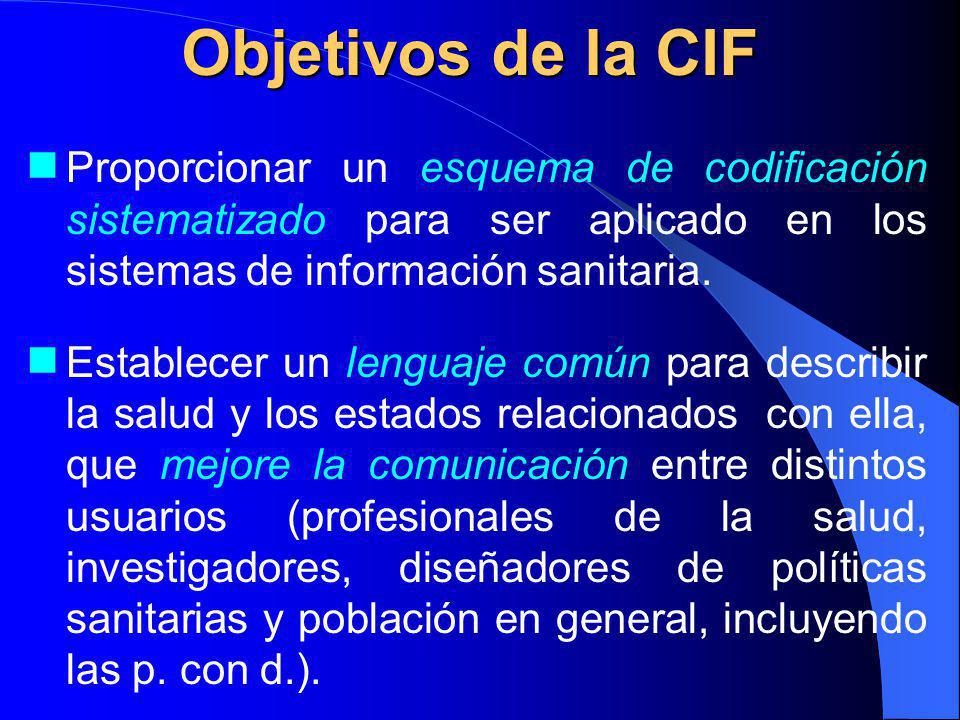 Objetivos de la CIF Proporcionar un esquema de codificación sistematizado para ser aplicado en los sistemas de información sanitaria.