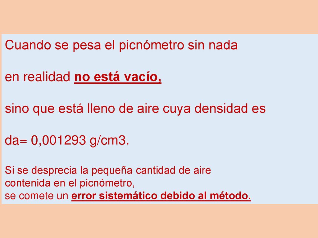 Cuando se pesa el picnómetro sin nada en realidad no está vacío,