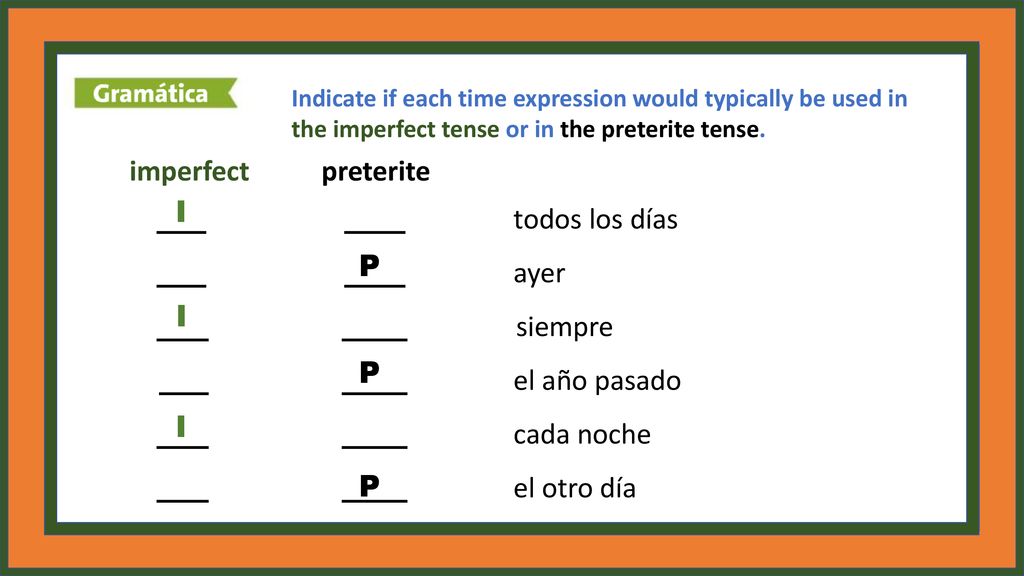 imperfect preterite todos los días I ayer siempre P el año pasado