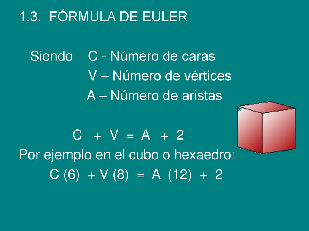 1.3. FÓRMULA DE EULER Siendo C - Número de caras. V – Número de vértices. A – Número de aristas.