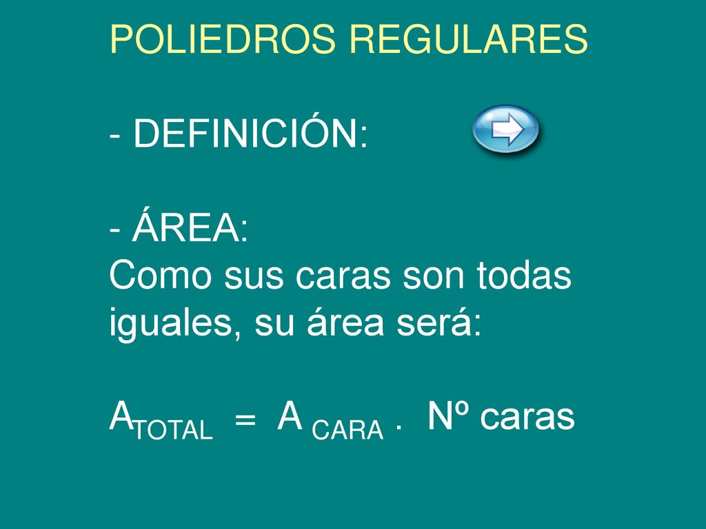 POLIEDROS REGULARES. - DEFINICIÓN:. - ÁREA:. Como sus caras son todas