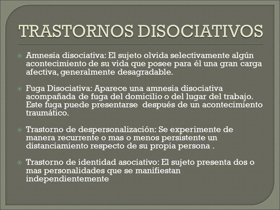 Amnesia disociativa: El sujeto olvida selectivamente algún acontecimiento de su vida que posee para él una gran carga afectiva, generalmente desagradable.