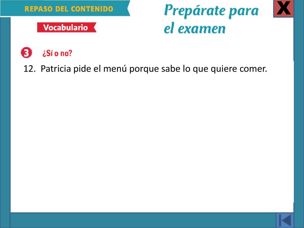 X 12. Patricia pide el menú porque sabe lo que quiere comer.