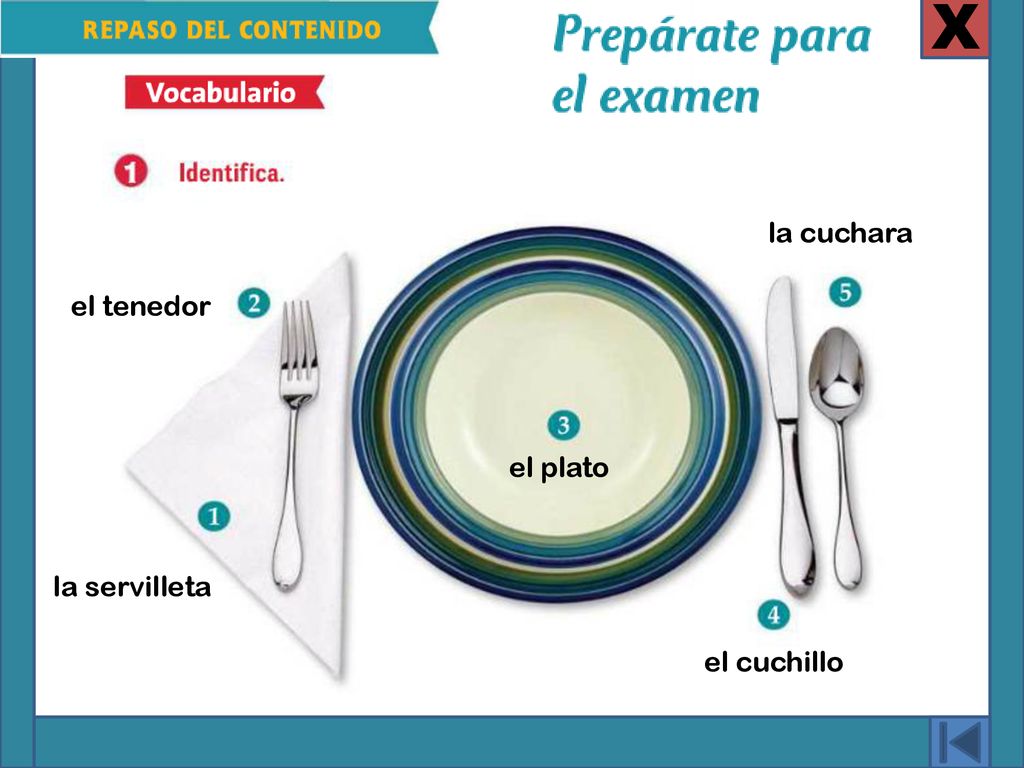 X la cuchara el tenedor el plato la servilleta el cuchillo