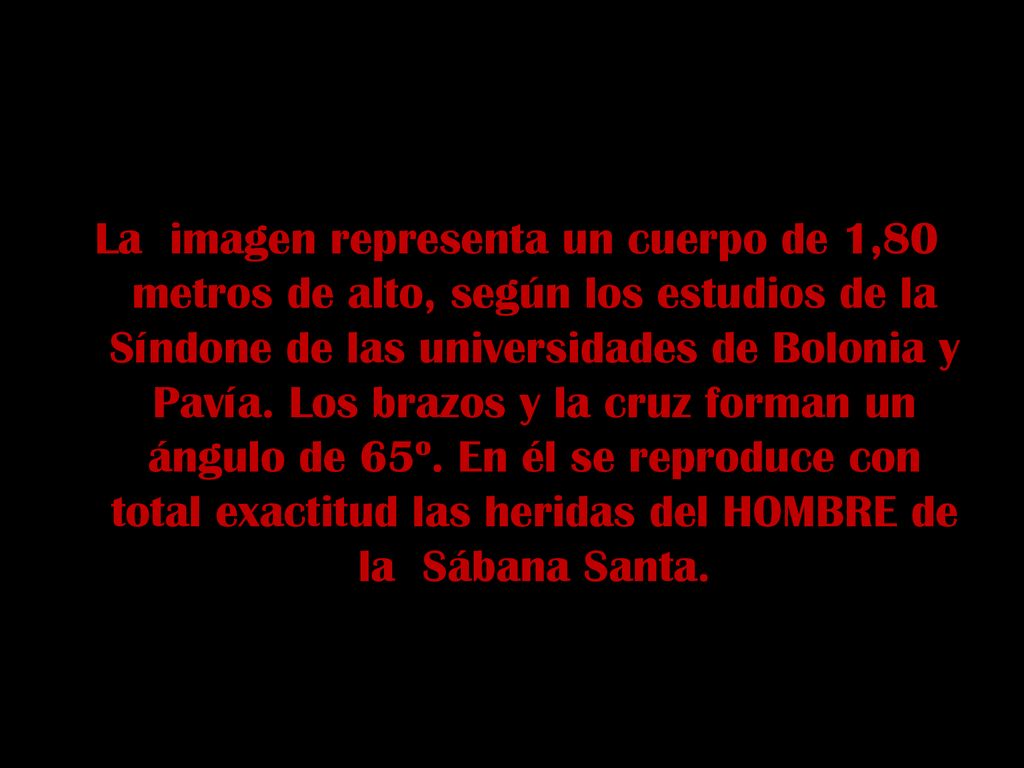La imagen representa un cuerpo de 1,80 metros de alto, según los estudios de la Síndone de las universidades de Bolonia y Pavía.
