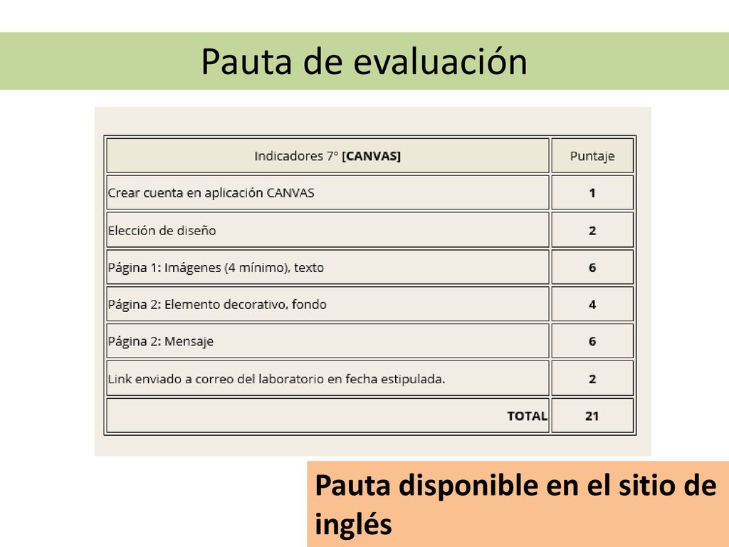 Pauta de evaluación Pauta disponible en el sitio de inglés