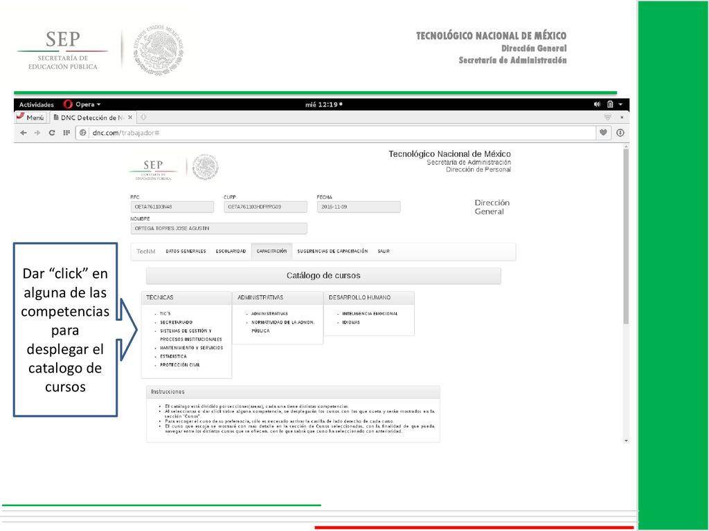 Dar click en alguna de las competencias para desplegar el catalogo de cursos