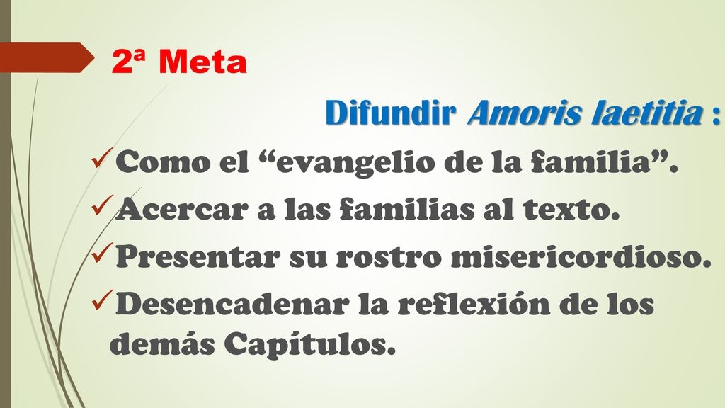 2ª Meta Difundir Amoris laetitia : Como el evangelio de la familia . Acercar a las familias al texto.