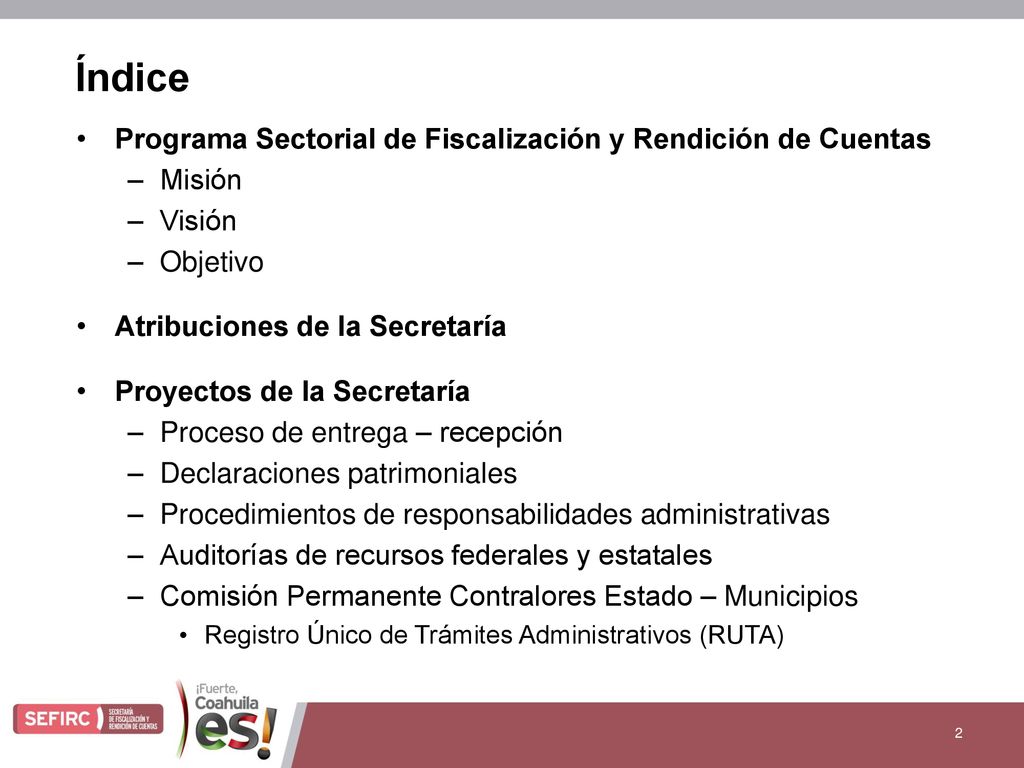 Índice Programa Sectorial de Fiscalización y Rendición de Cuentas
