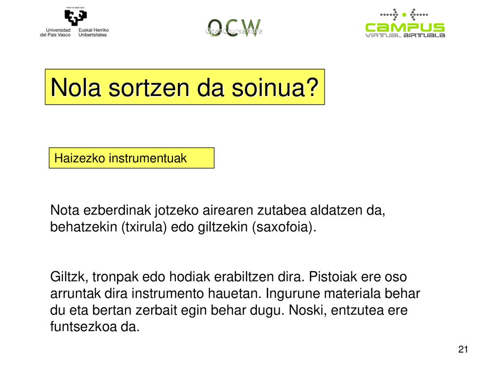 Nola sortzen da soinua Haizezko instrumentuak. Nota ezberdinak jotzeko airearen zutabea aldatzen da, behatzekin (txirula) edo giltzekin (saxofoia).