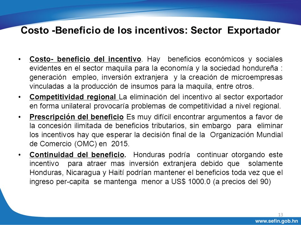 Costo -Beneficio de los incentivos: Sector Exportador