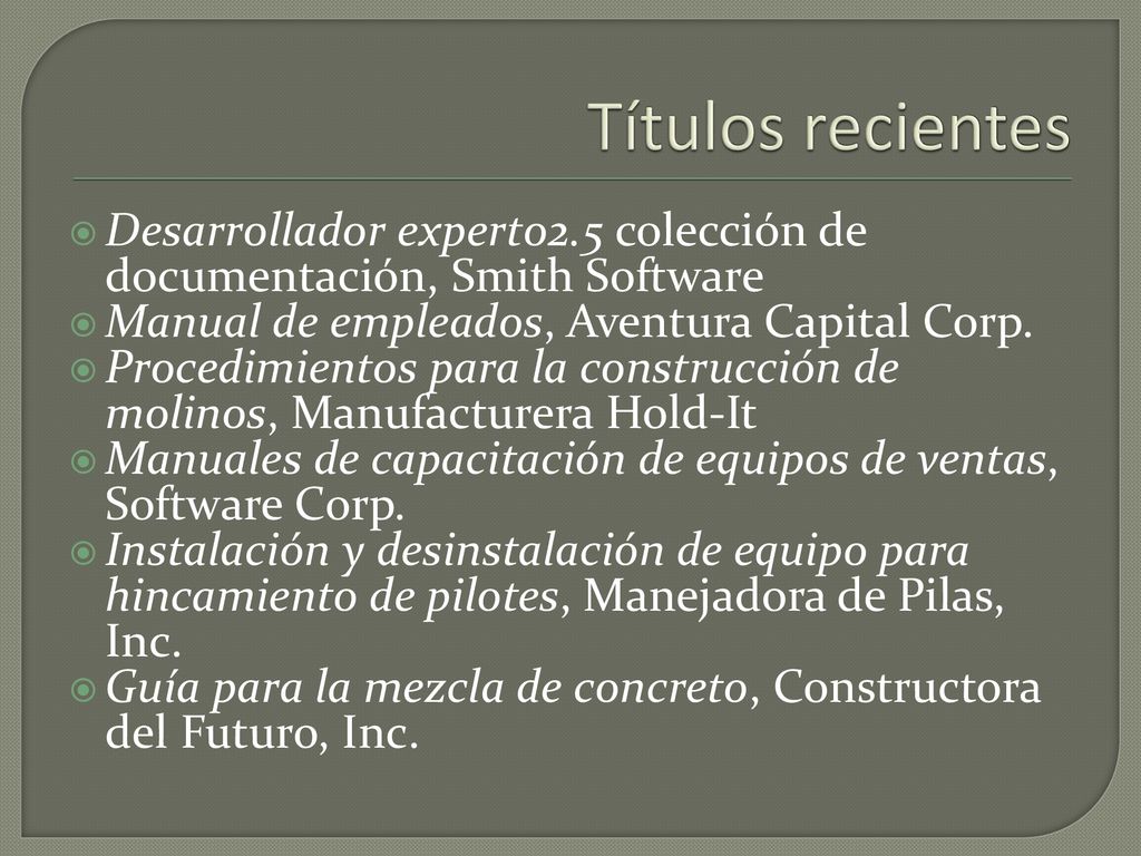 Títulos recientes Desarrollador experto2.5 colección de documentación, Smith Software. Manual de empleados, Aventura Capital Corp.
