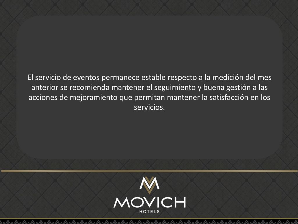El servicio de eventos permanece estable respecto a la medición del mes anterior se recomienda mantener el seguimiento y buena gestión a las acciones de mejoramiento que permitan mantener la satisfacción en los servicios.
