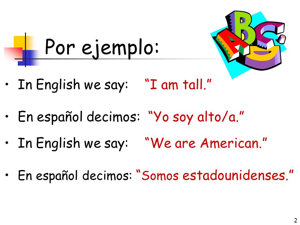 Por ejemplo: In English we say: I am tall.
