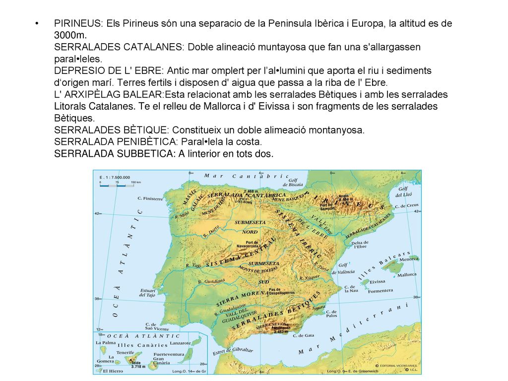 PIRINEUS: Els Pirineus són una separacio de la Peninsula Ibèrica i Europa, la altitud es de 3000m.