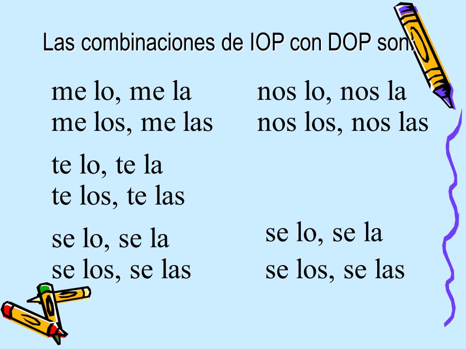 Las combinaciones de IOP con DOP son: