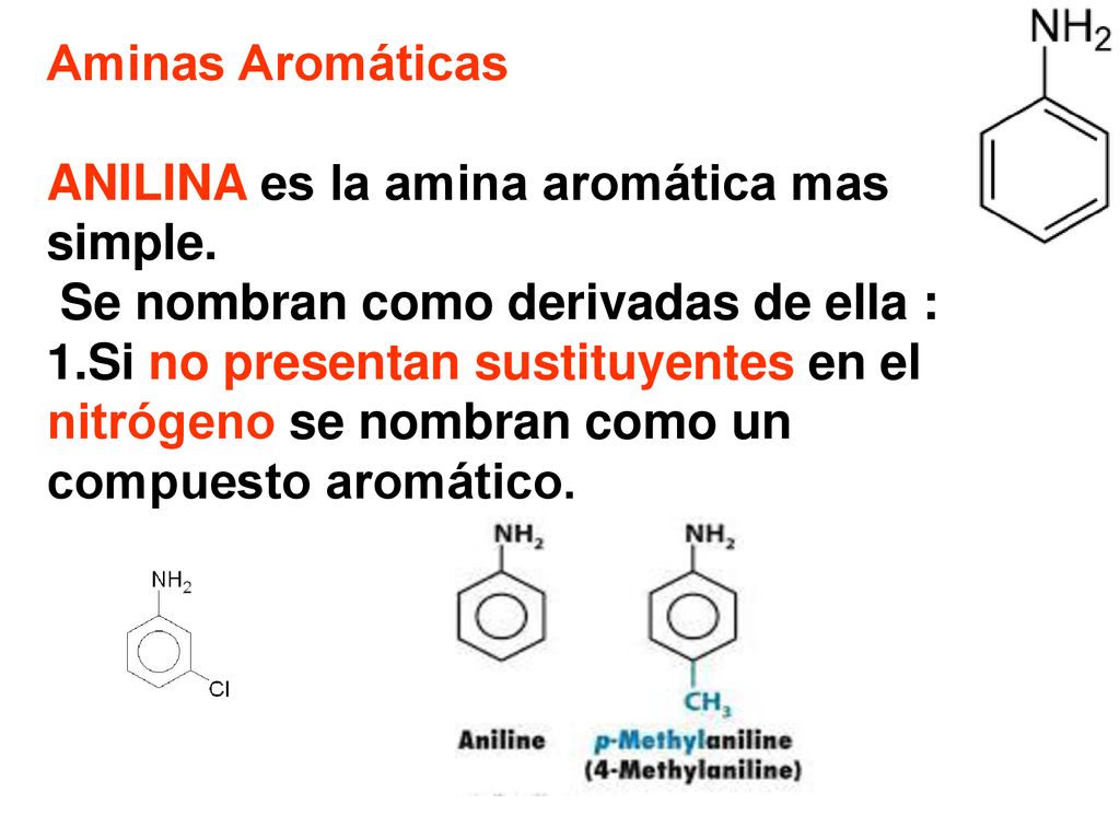 Aminas Aromáticas ANILINA es la amina aromática mas simple. Se nombran como derivadas de ella :