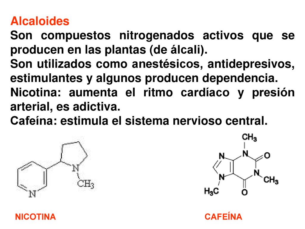 Nicotina: aumenta el ritmo cardíaco y presión arterial, es adictiva.