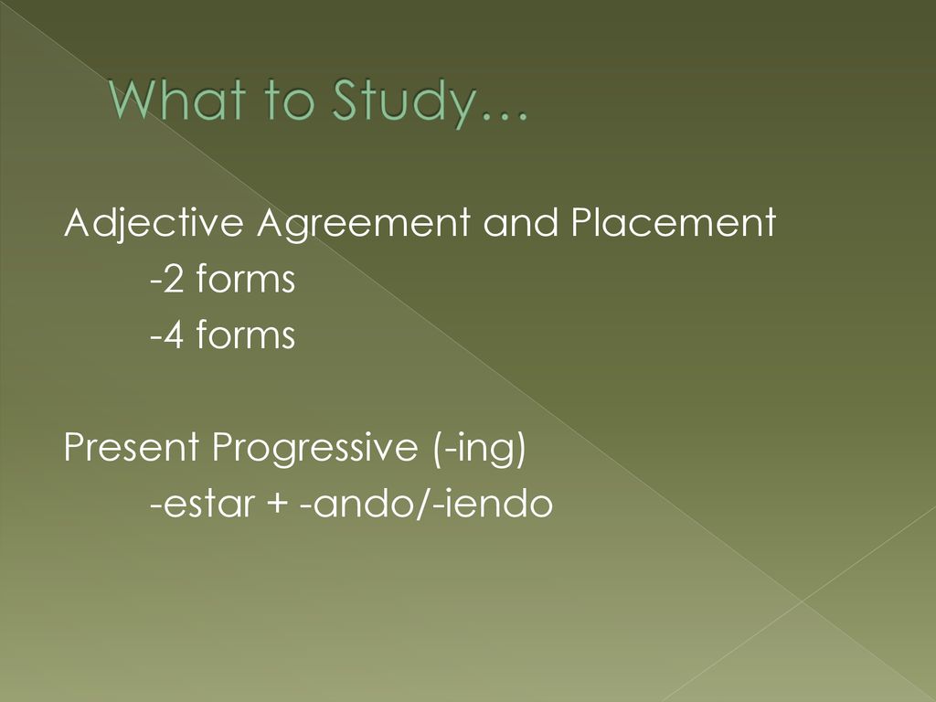 What to Study… Adjective Agreement and Placement -2 forms -4 forms Present Progressive (-ing) -estar + -ando/-iendo