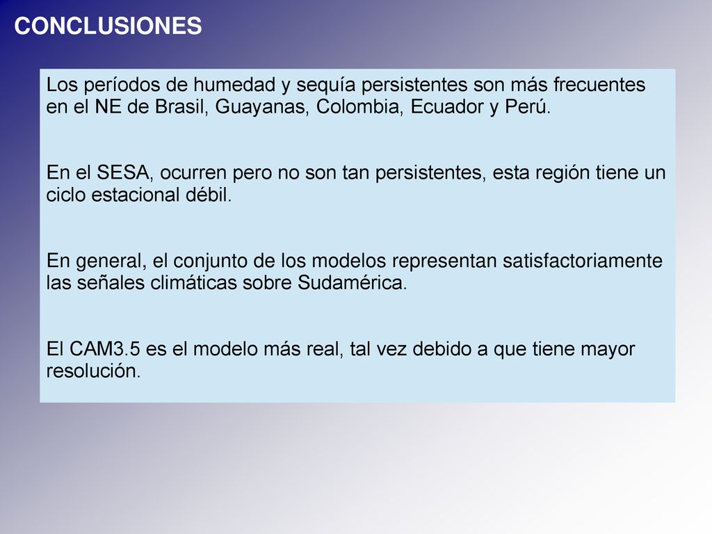 CONCLUSIONES Los períodos de humedad y sequía persistentes son más frecuentes en el NE de Brasil, Guayanas, Colombia, Ecuador y Perú.