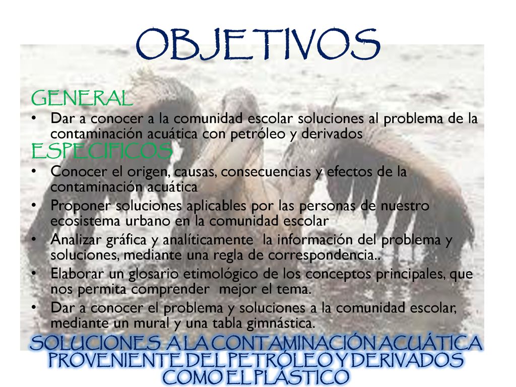 OBJETIVOS GENERAL. Dar a conocer a la comunidad escolar soluciones al problema de la contaminación acuática con petróleo y derivados.