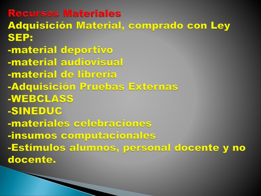 Recursos Materiales Adquisición Material, comprado con Ley SEP: -material deportivo -material audiovisual -material de librería -Adquisición Pruebas Externas -WEBCLASS -SINEDUC -materiales celebraciones -insumos computacionales -Estímulos alumnos, personal docente y no docente.