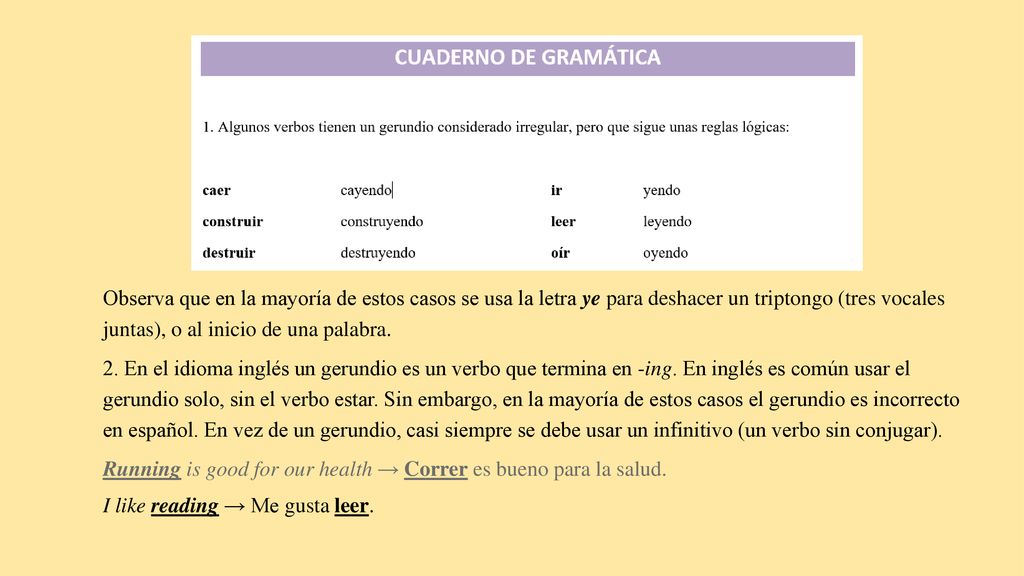 Observa que en la mayoría de estos casos se usa la letra ye para deshacer un triptongo (tres vocales juntas), o al inicio de una palabra.