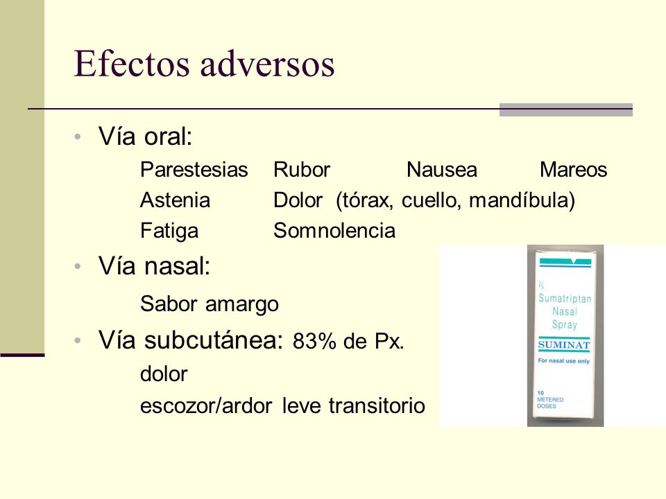 Efectos adversos Vía oral: Vía nasal: Sabor amargo