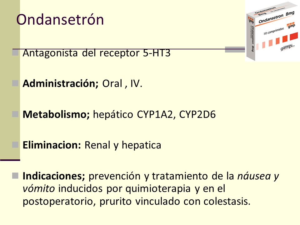 Ondansetrón Antagonista del receptor 5-HT3 Administración; Oral , IV.