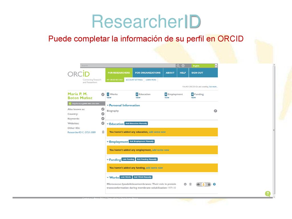 Puede completar la información de su perfil en ORCID