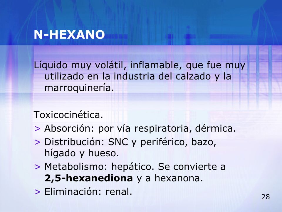 N-HEXANO Líquido muy volátil, inflamable, que fue muy utilizado en la industria del calzado y la marroquinería.