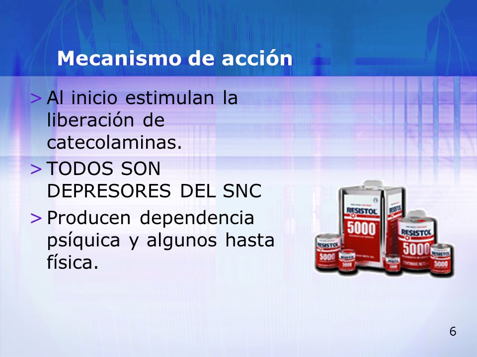 Mecanismo de acción Al inicio estimulan la liberación de catecolaminas. TODOS SON DEPRESORES DEL SNC.