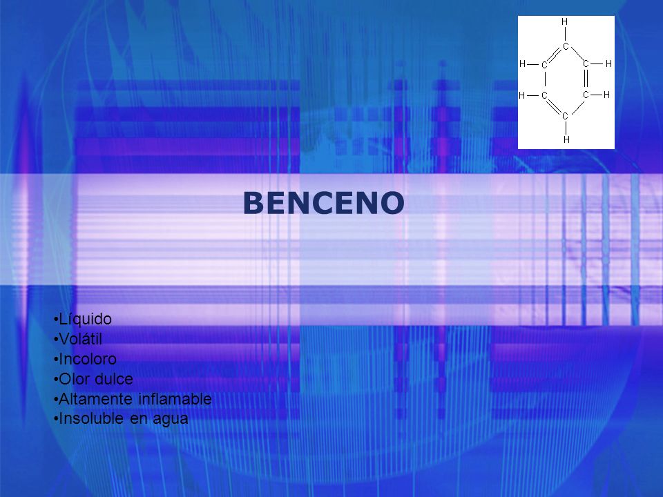 BENCENO Líquido Volátil Incoloro Olor dulce Altamente inflamable