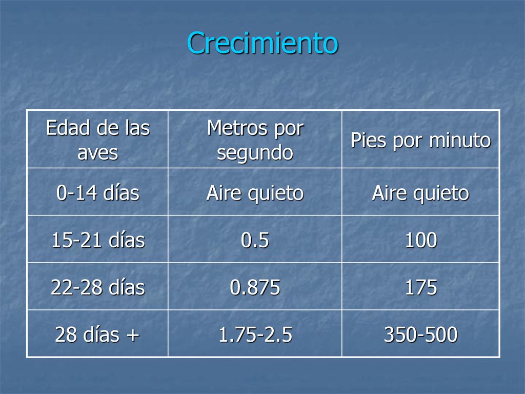 Crecimiento Edad de las aves Metros por segundo Pies por minuto