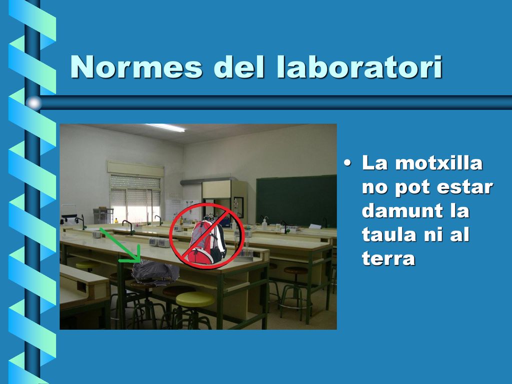 Normes del laboratori La motxilla no pot estar damunt la taula ni al terra