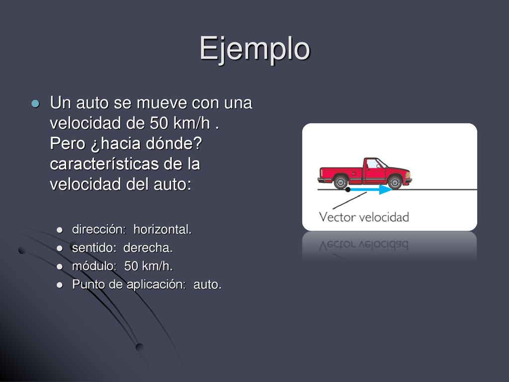Ejemplo Un auto se mueve con una velocidad de 50 km/h . Pero ¿hacia dónde características de la velocidad del auto: