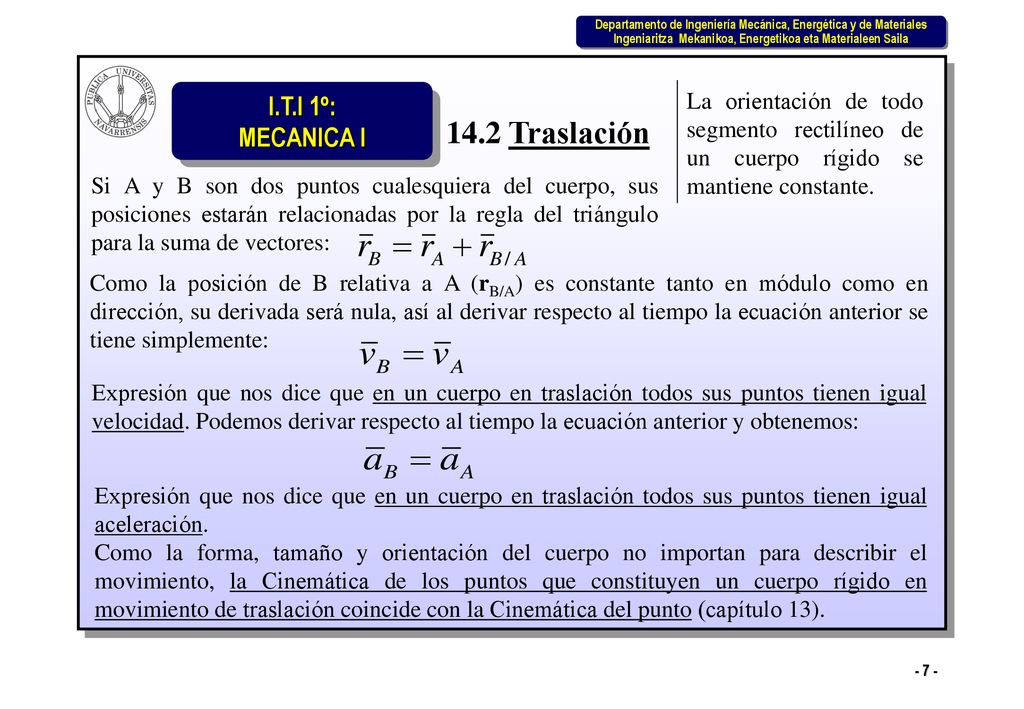 La orientación de todo segmento rectilíneo de un cuerpo rígido se mantiene constante.
