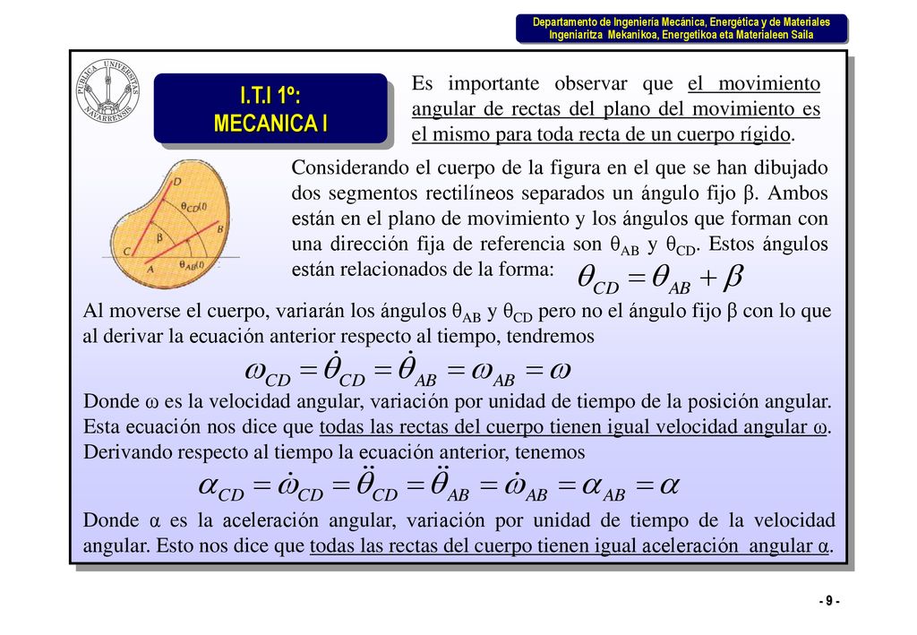 Es importante observar que el movimiento angular de rectas del plano del movimiento es el mismo para toda recta de un cuerpo rígido.