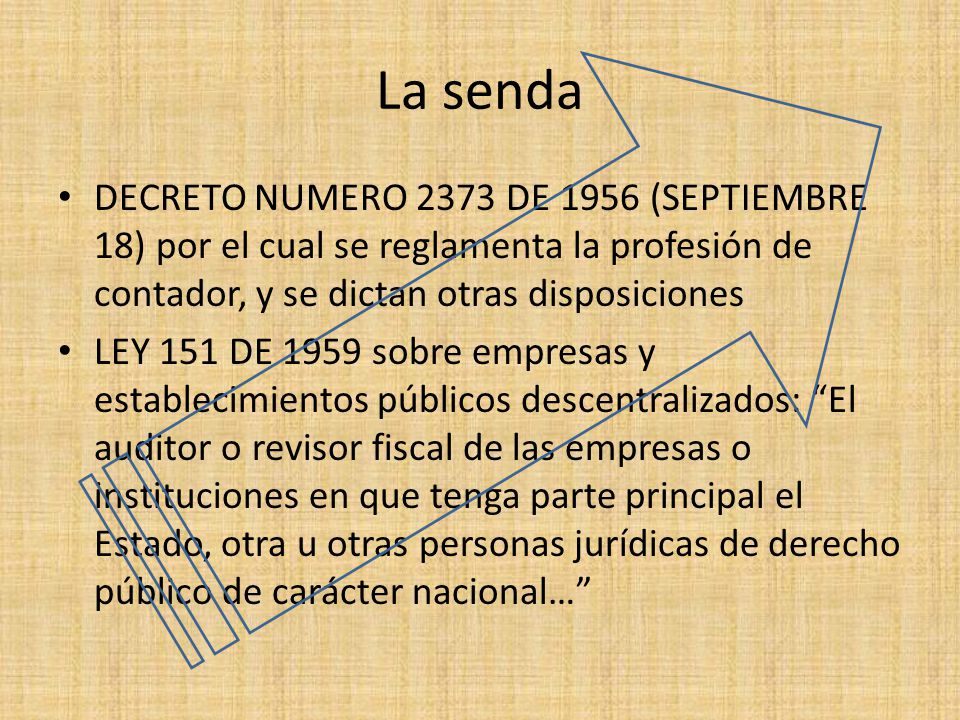 La senda DECRETO NUMERO 2373 DE 1956 (SEPTIEMBRE 18) por el cual se reglamenta la profesión de contador, y se dictan otras disposiciones.