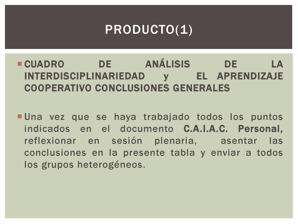 Producto(1) CUADRO DE ANÁLISIS DE LA INTERDISCIPLINARIEDAD y EL APRENDIZAJE COOPERATIVO CONCLUSIONES GENERALES